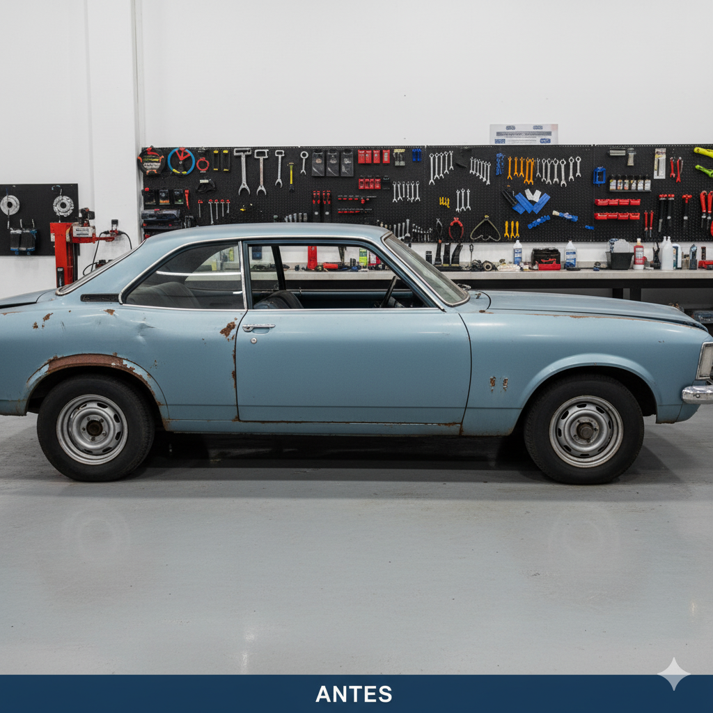 Carro clássico necessitando restauração na Reflexo Chapeação